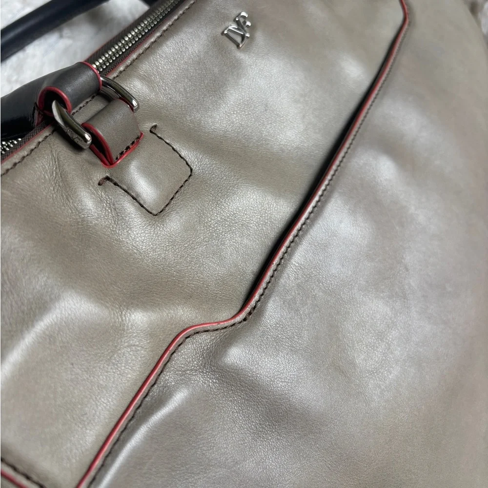 DVF Diane von Furstenberg Gray Taupe Leather Large Tote Red Trim Silver Hardware
